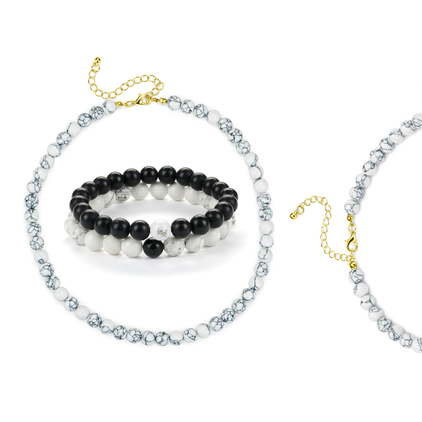 Sett med Håndlaget Halskjede og Armbånd – Hvit Turkis, Howlit og Onyx