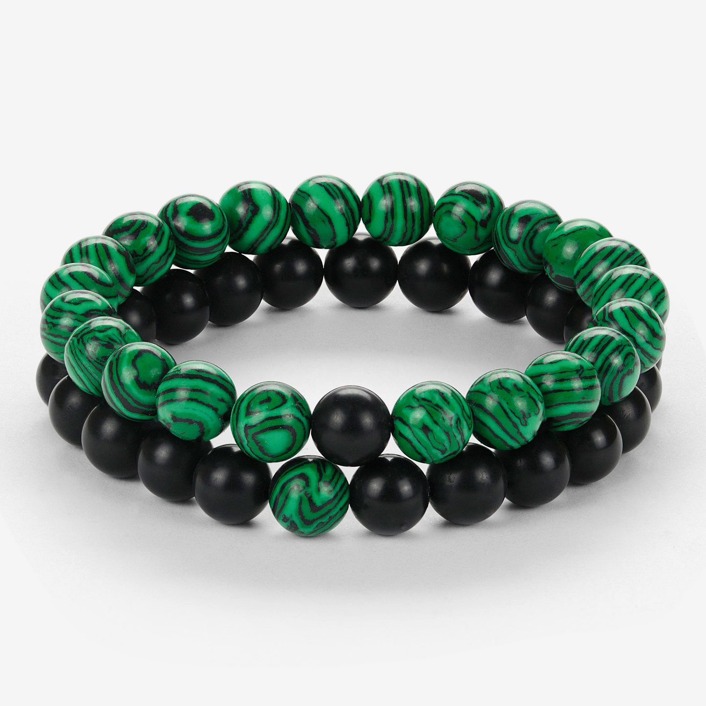 Smykkesett med kjede og armbånd av malakitt og onyx
