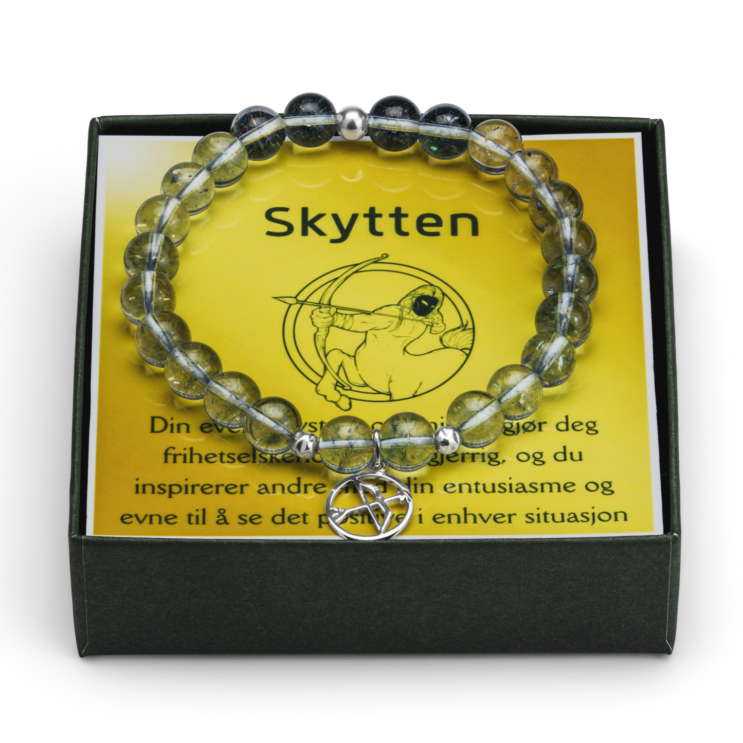 Armbånd av perler og sølvkuler med skyttens stjernetegn symbol