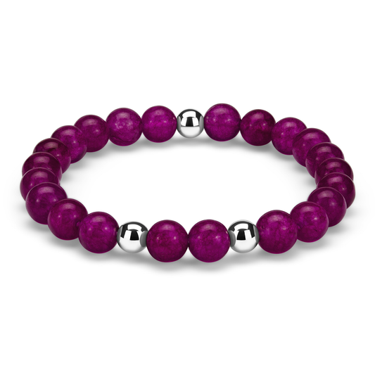 Armbånd med perler av fiolett jadeitt og rustfritt stål – naturlig og elegant smykke med moderne detaljer