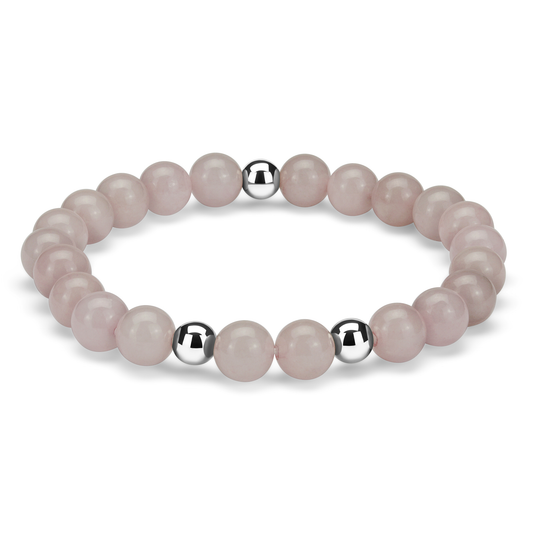 Armbånd med rosa kvartsperler og detaljer i rustfritt stål – naturlig og tidløst smykke med feminin eleganse